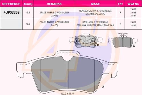 4U 4UP03853 - Тормозные колодки, дисковые, комплект www.autospares.lv