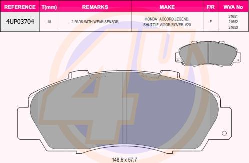 4U 4UP03704 - Тормозные колодки, дисковые, комплект www.autospares.lv