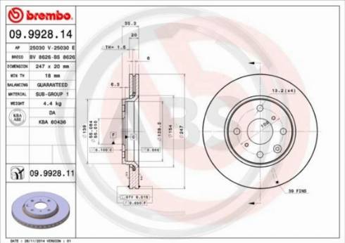 A.B.S. 09.9928.14 - Bremžu diski www.autospares.lv