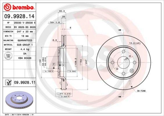 A.B.S. 09.9928.11 - Тормозной диск www.autospares.lv