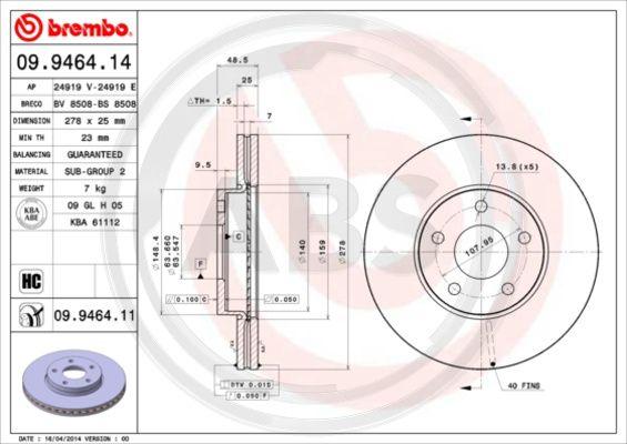 A.B.S. 09.9464.11 - Bremžu diski www.autospares.lv