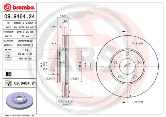 A.B.S. 09.9464.21 - Bremžu diski www.autospares.lv