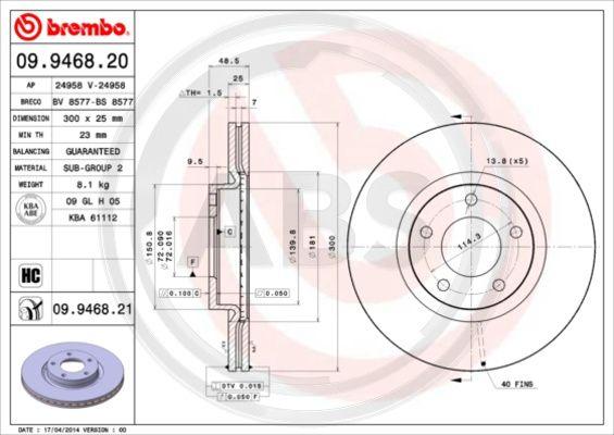 A.B.S. 09.9468.21 - Brake Disc www.autospares.lv