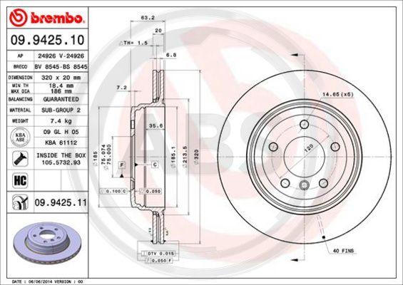 A.B.S. 09.9425.11 - Bremžu diski www.autospares.lv