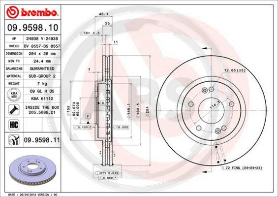 A.B.S. 09.9598.11 - Bremžu diski www.autospares.lv