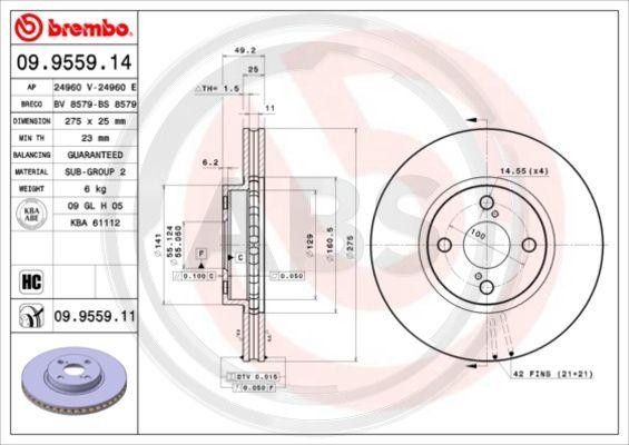 A.B.S. 09.9559.11 - Bremžu diski www.autospares.lv