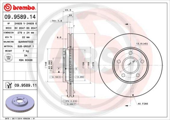 A.B.S. 09.9589.11 - Тормозной диск www.autospares.lv