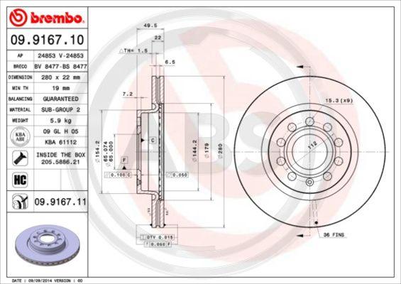 A.B.S. 09.9167.11 - Тормозной диск www.autospares.lv