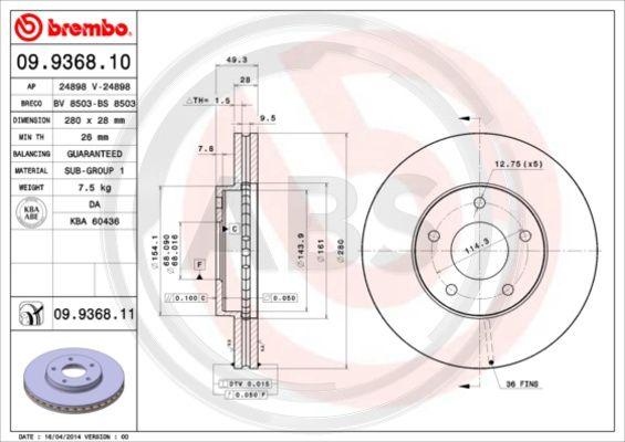 A.B.S. 09.9368.11 - Bremžu diski www.autospares.lv