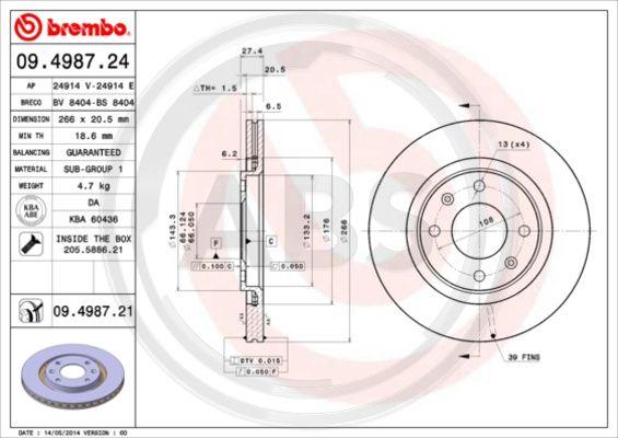 A.B.S. 09.4987.21 - Тормозной диск www.autospares.lv