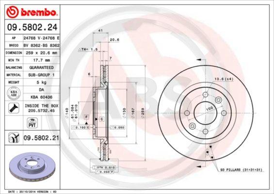 A.B.S. 09.5802.21 - Bremžu diski www.autospares.lv