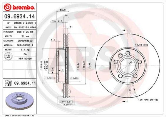 A.B.S. 09.6934.11 - Тормозной диск www.autospares.lv