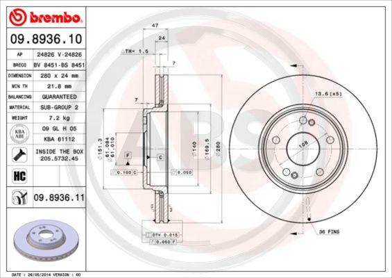 A.B.S. 09.8936.11 - Bremžu diski www.autospares.lv