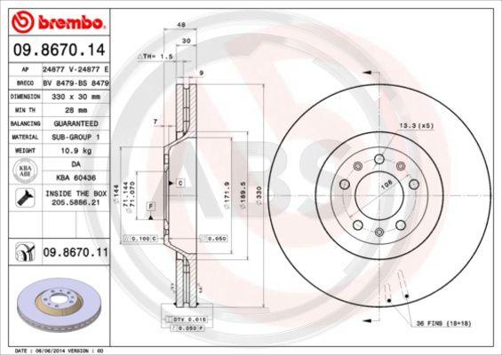 A.B.S. 09.8670.11 - Тормозной диск www.autospares.lv