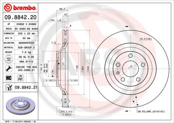 A.B.S. 09.8842.21 - Bremžu diski www.autospares.lv