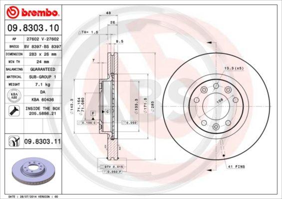 A.B.S. 09.8303.11 - Тормозной диск www.autospares.lv