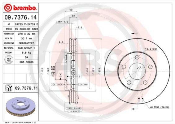 A.B.S. 09.7376.11 - Тормозной диск www.autospares.lv