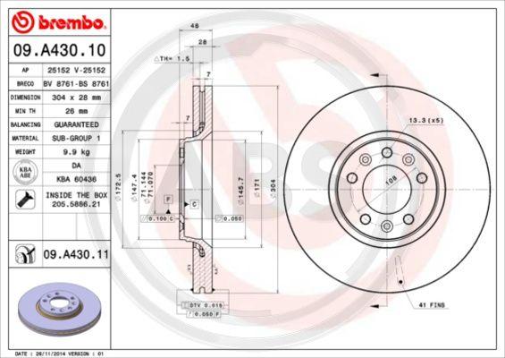 A.B.S. 09.A430.11 - Bremžu diski www.autospares.lv