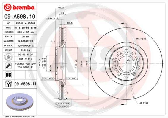 A.B.S. 09.A598.11 - Bremžu diski autospares.lv