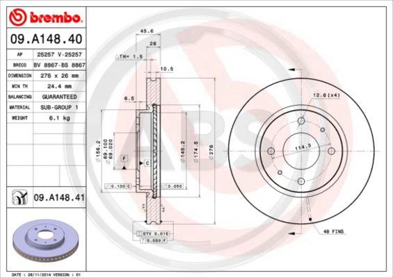 A.B.S. 09.A148.41 - Bremžu diski www.autospares.lv