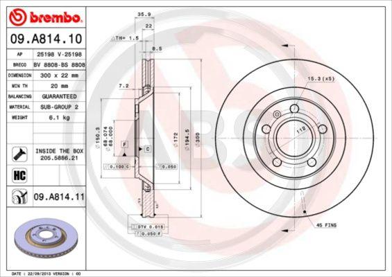 A.B.S. 09.A814.11 - Тормозной диск www.autospares.lv