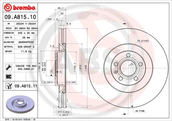 A.B.S. 09.A815.11 - Тормозной диск www.autospares.lv