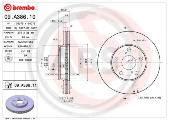 A.B.S. 09.A386.11 - Тормозной диск www.autospares.lv