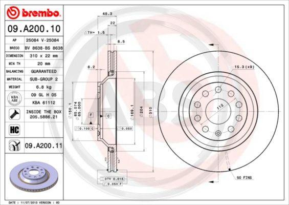 A.B.S. 09.A200.11 - Bremžu diski www.autospares.lv