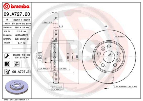 A.B.S. 09.A727.20 - Bremžu diski www.autospares.lv