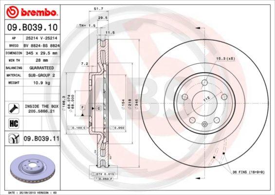 A.B.S. 09.B039.11 - Тормозной диск www.autospares.lv