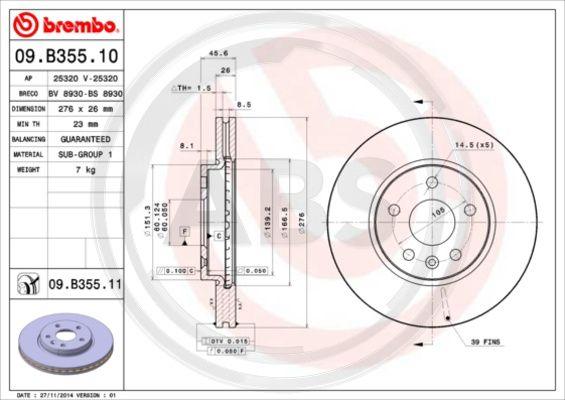 A.B.S. 09.B355.10 - Bremžu diski www.autospares.lv