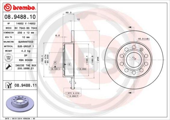 A.B.S. 08.9488.11 - Тормозной диск www.autospares.lv