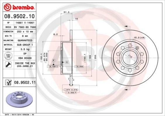 A.B.S. 08.9502.11 - Тормозной диск www.autospares.lv