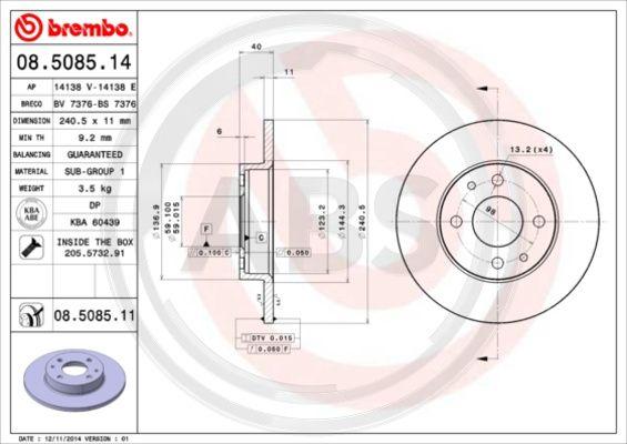 A.B.S. 08.5085.11 - Bremžu diski www.autospares.lv