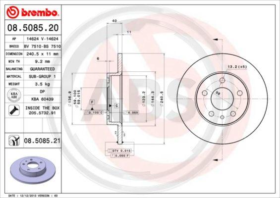 A.B.S. 08.5085.21 - Bremžu diski www.autospares.lv