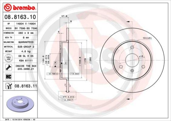 A.B.S. 08.8163.11 - Bremžu diski www.autospares.lv