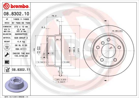 A.B.S. 08.8302.11 - Bremžu diski www.autospares.lv