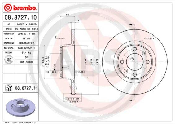 A.B.S. 08.8727.11 - Bremžu diski www.autospares.lv