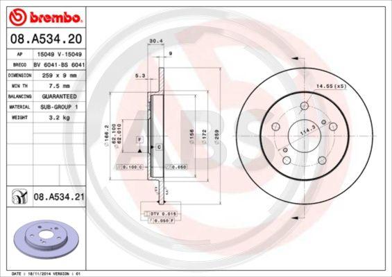 A.B.S. 08.A534.20 - Bremžu diski www.autospares.lv