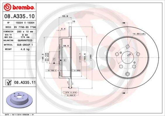 A.B.S. 08.A335.11 - Bremžu diski www.autospares.lv