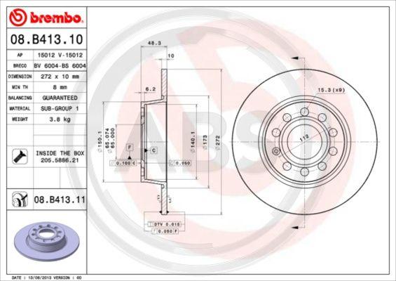 A.B.S. 08.B413.11 - Bremžu diski www.autospares.lv