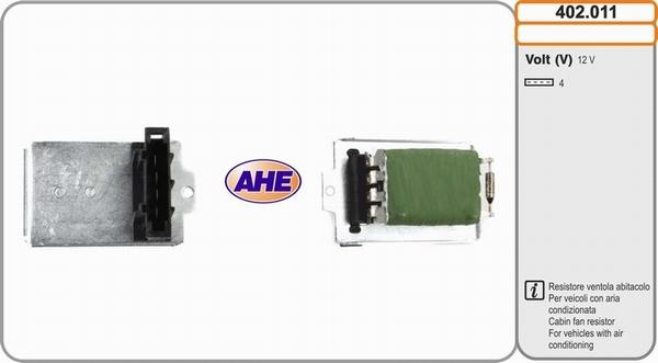 AHE 402.011 - Papildus rezistors, Elektromotors-Radiatora ventilators www.autospares.lv