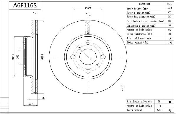 AISIN A6F116S - Bremžu diski www.autospares.lv