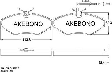 Akebono AN-4345WK - Bremžu uzliku kompl., Disku bremzes autospares.lv