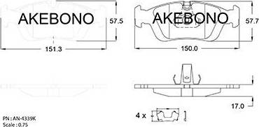 Akebono AN-4339K - Bremžu uzliku kompl., Disku bremzes autospares.lv