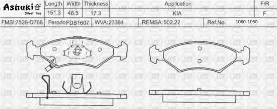 Ashuki 1080-1030 - Тормозные колодки, дисковые, комплект www.autospares.lv