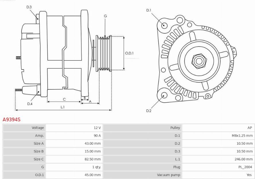 AS-PL A9394S - Ģenerators www.autospares.lv