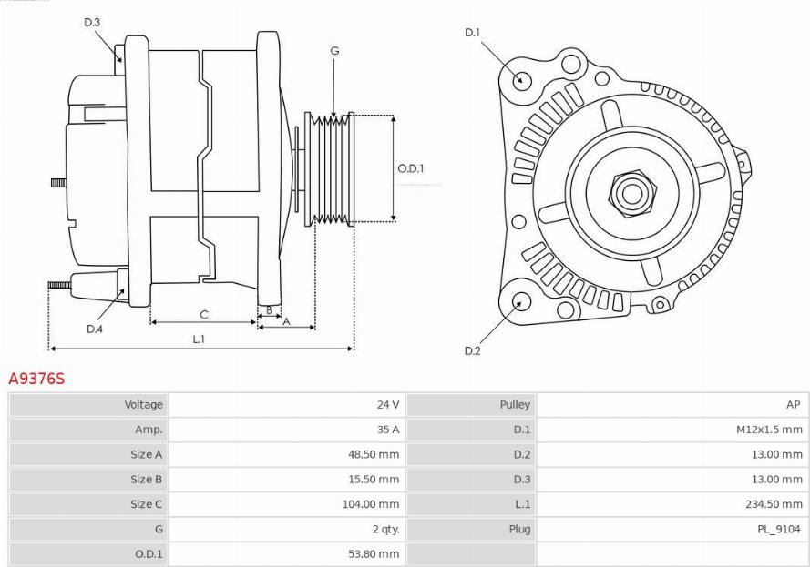 AS-PL A9376S - Ģenerators www.autospares.lv