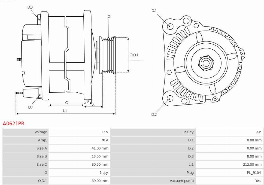 AS-PL A0621PR - Ģenerators www.autospares.lv