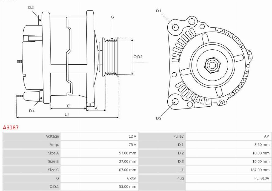 AS-PL A3187 - Генератор www.autospares.lv